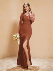V-neck Pleated Mermaid Chiffon Dress With Silt Rust