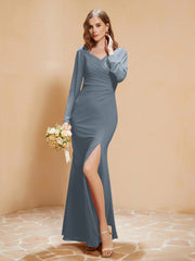 V-neck Pleated Mermaid Chiffon Dress With Silt Slate Blue Plus Size