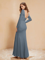 V-neck Pleated Mermaid Chiffon Dress With Silt Slate Blue