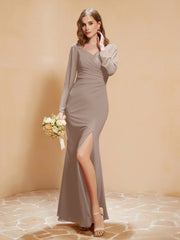 V-neck Pleated Mermaid Chiffon Dress With Silt Taupe Plus Size