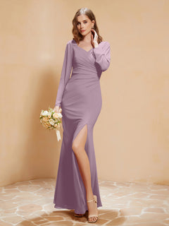 V-neck Pleated Mermaid Chiffon Dress With Silt Vintage Mauve