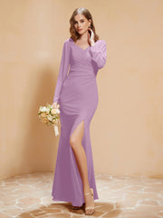 V-neck Pleated Mermaid Chiffon Dress With Silt Wisteria