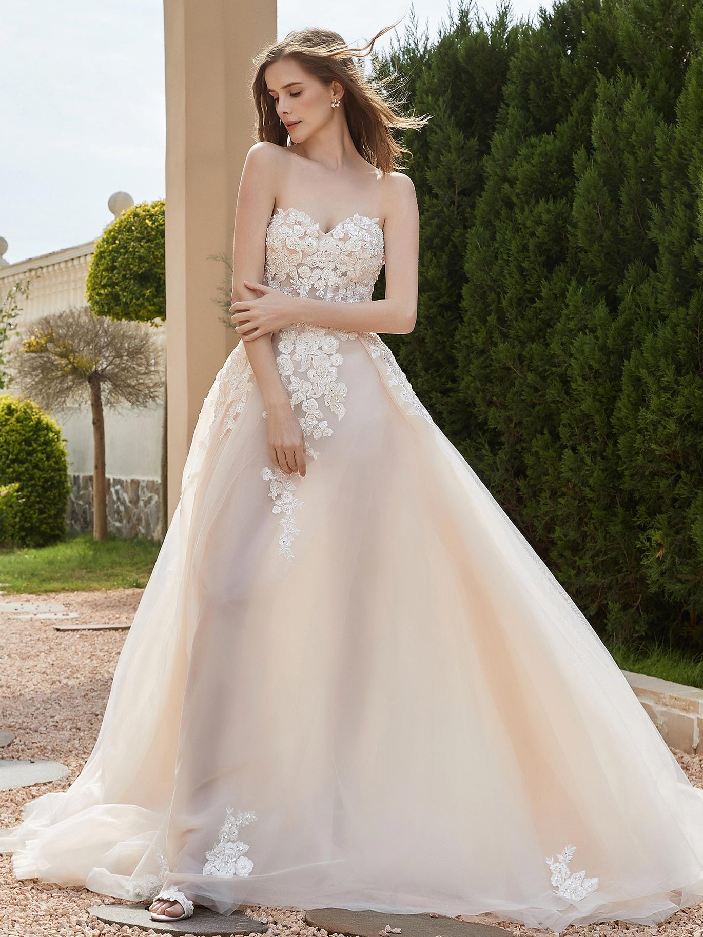 champagne colored wedding dresses BABARONI Tulle A-line Sweetheart Beaded Chapel Train, Champagne / US0 women's cotton midi dress Burgundy Sweetheart Bridesmaid Dresses Tailors beautiful designs for Tamanho:XXS
