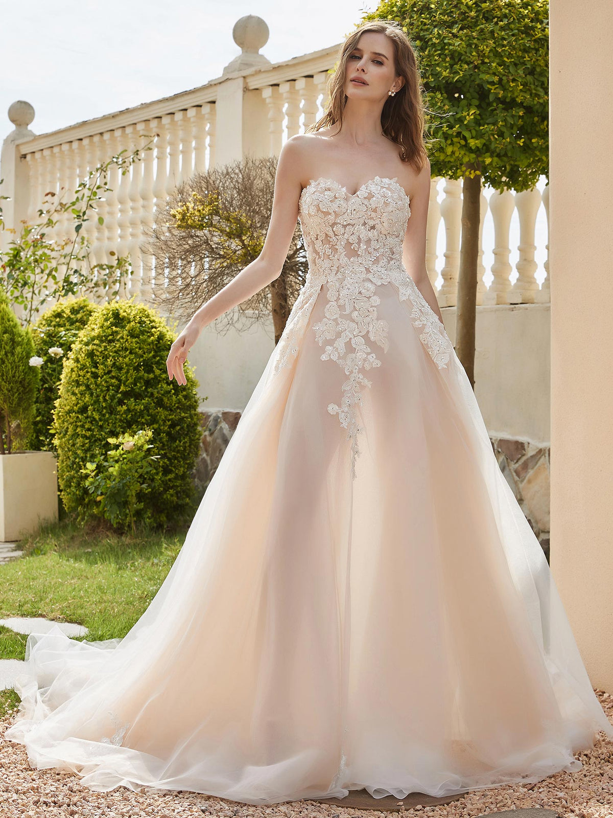 BABARONI Tulle Champagne Wedding Dresses A-line Sweetheart Beaded Chapel Train, Champagne / US0