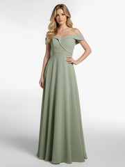 Off-the-Shoulder Circle Skirt Dress with Pockets-Dusty Sage