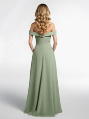 Off-the-Shoulder Circle Skirt Dress with Pockets-Dusty Sage