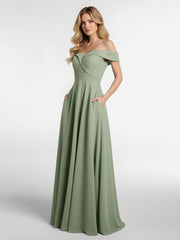 Off-the-Shoulder Circle Skirt Dress with Pockets-Dusty Sage