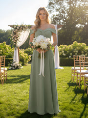 Off-the-Shoulder Circle Skirt Dress with Pockets-Dusty Sage