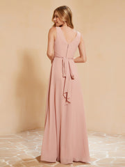 Pleated V-neck Chiffon A-line Dress With Bow Dusty Rose