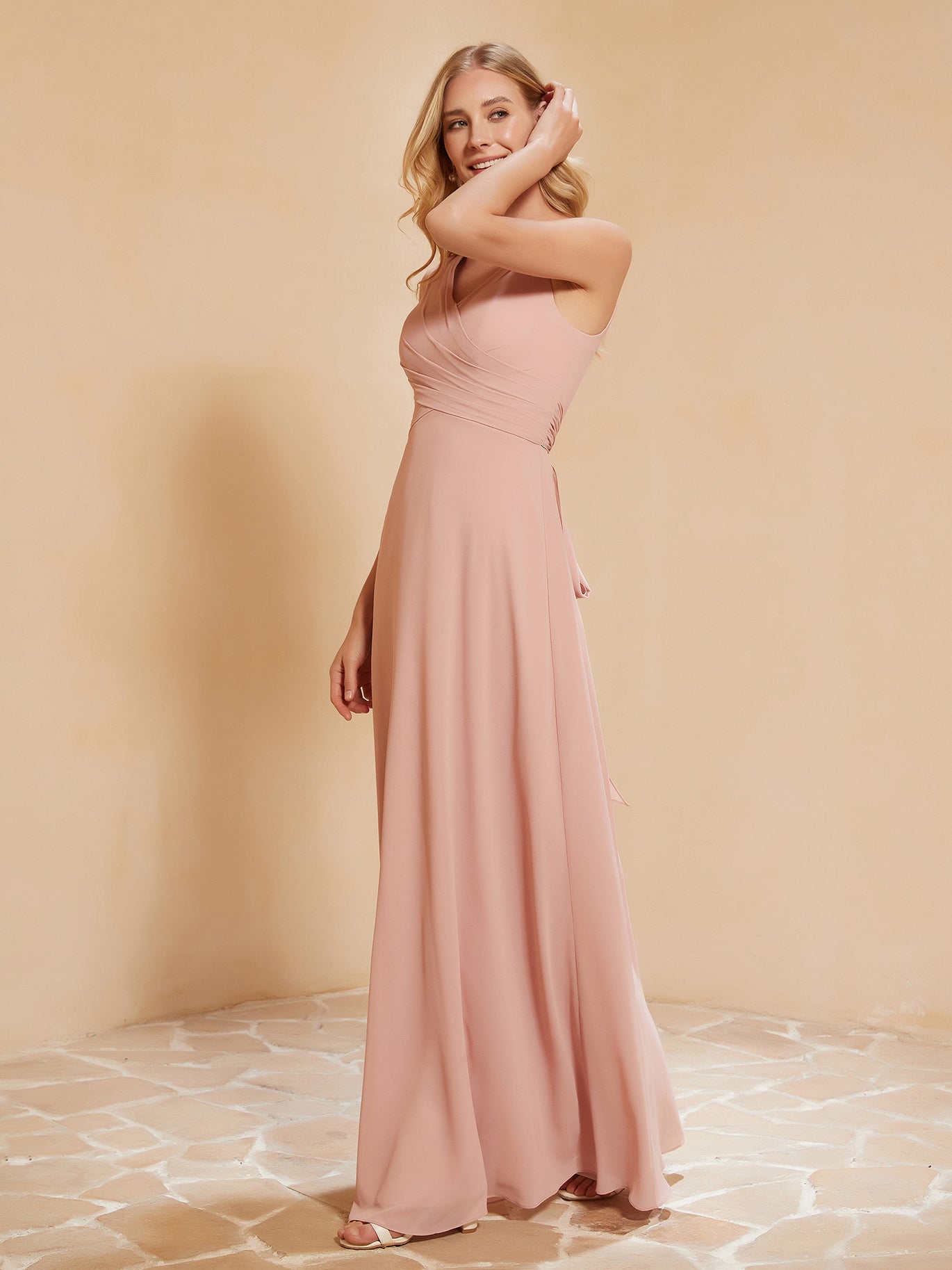 Pleated V-neck Chiffon A-Line Dress With Beading Peach