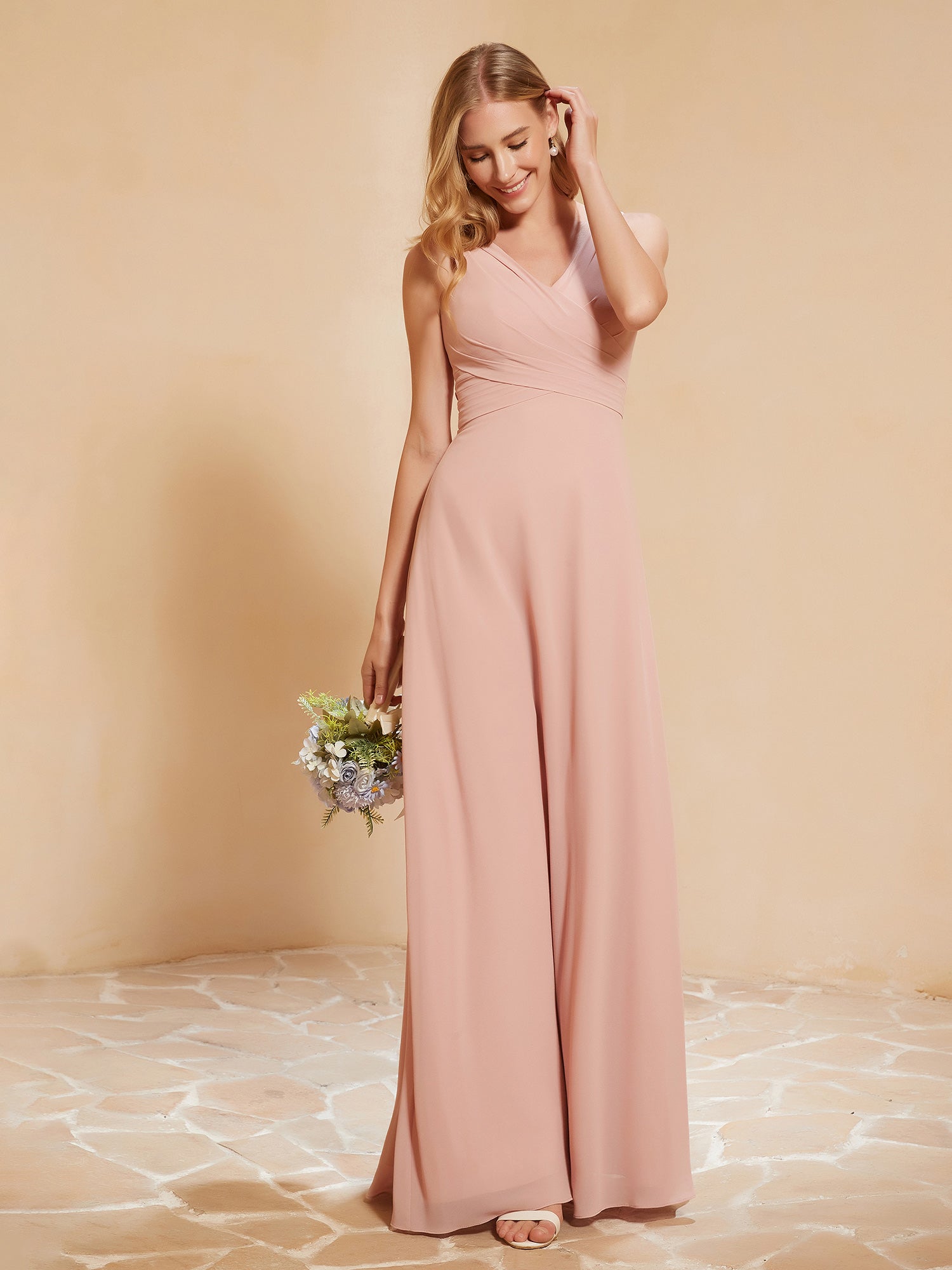 Pleated V-neck Chiffon A-Line Dress With Beading Lemon