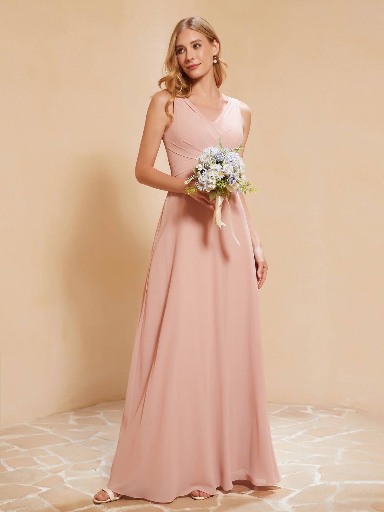 Pleated V-neck Chiffon Long Dress With Slit Flamingo main image 1