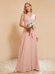 Pleated V-neck Chiffon A-line Dress With Bow Dusty Rose