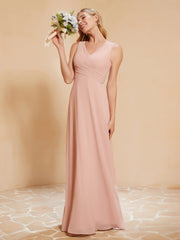 Pleated V-neck Chiffon A-line Dress With Bow Dusty Rose