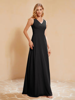 Pleated V-neck Chiffon A-line Dress With Bow Black