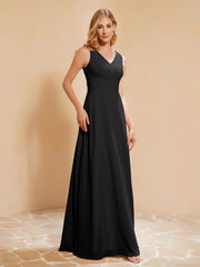 Pleated V-neck Chiffon A-line Dress With Bow Black Plus Size