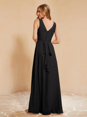 Pleated V-neck Chiffon A-line Dress With Bow Black