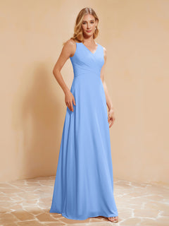 Pleated V-neck Chiffon A-line Dress With Bow Blue