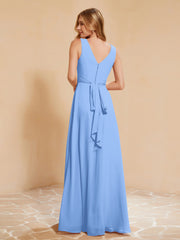 Pleated V-neck Chiffon A-line Dress With Bow Blue