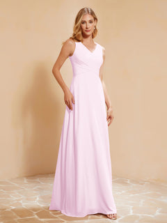 Pleated V-neck Chiffon A-line Dress With Bow Blushing Pink