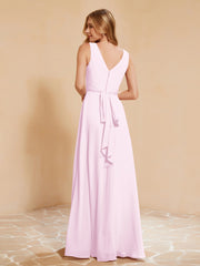 Pleated V-neck Chiffon A-line Dress With Bow Blushing Pink