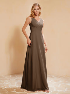 Pleated V-neck Chiffon A-line Dress With Bow Brown Plus Size