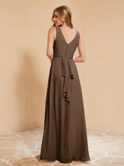 Pleated V-neck Chiffon A-line Dress With Bow Brown