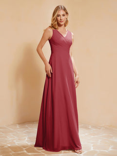 Pleated V-neck Chiffon A-line Dress With Bow Burgundy