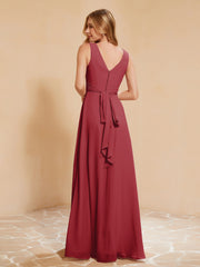 Pleated V-neck Chiffon A-line Dress With Bow Burgundy