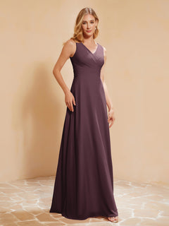 Pleated V-neck Chiffon A-line Dress With Bow Cabernet