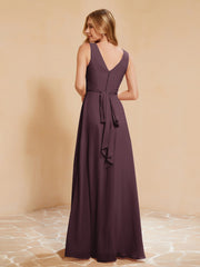 Pleated V-neck Chiffon A-line Dress With Bow Cabernet