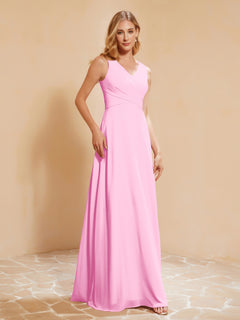 Pleated V-neck Chiffon A-line Dress With Bow Candy Pink