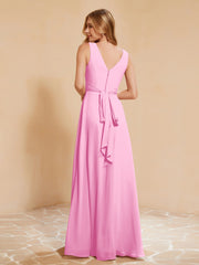 Pleated V-neck Chiffon A-line Dress With Bow Candy Pink