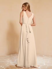 Pleated V-neck Chiffon A-line Dress With Bow Champagne Plus Size