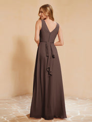 Pleated V-neck Chiffon A-line Dress With Bow Chocolate