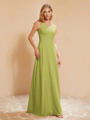 Pleated V-neck Chiffon A-line Dress With Bow Clover