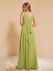Pleated V-neck Chiffon A-line Dress With Bow Clover Plus Size