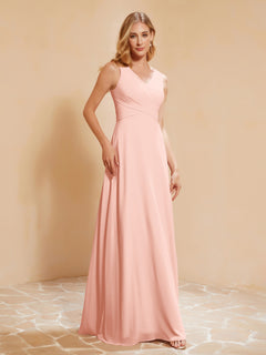 Pleated V-neck Chiffon A-line Dress With Bow Coral