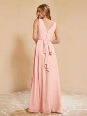 Pleated V-neck Chiffon A-line Dress With Bow Coral