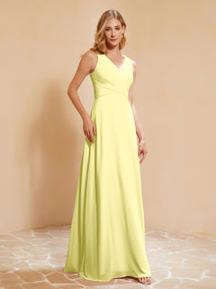 Pleated V-neck Chiffon A-line Dress With Bow Daffodil