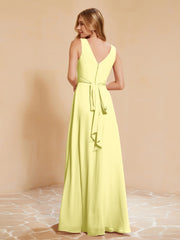 Pleated V-neck Chiffon A-line Dress With Bow Daffodil