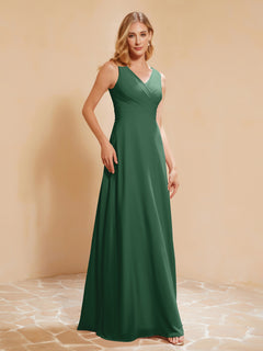 Pleated V-neck Chiffon A-line Dress With Bow Dark Green