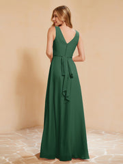 Pleated V-neck Chiffon A-line Dress With Bow Dark Green