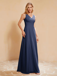 Pleated V-neck Chiffon A-line Dress With Bow Dark Navy