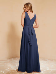 Pleated V-neck Chiffon A-line Dress With Bow Dark Navy