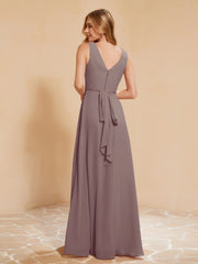 Pleated V-neck Chiffon A-line Dress With Bow Dusk