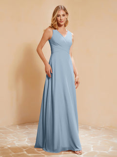 Pleated V-neck Chiffon A-line Dress With Bow Dusty Blue