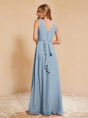 Pleated V-neck Chiffon A-line Dress With Bow Dusty Blue