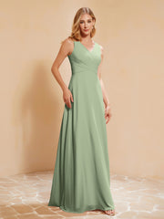 Pleated V-neck Chiffon A-line Dress With Bow Dusty Sage