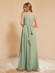 Pleated V-neck Chiffon A-line Dress With Bow Dusty Sage